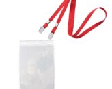 Unieke aanbieding van deze vinyl badgehouder samen met een rode lanyard met dubbele krokodil-clips als set voor het dragen van een A6 formaat kaarten.